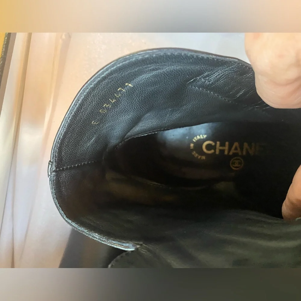 CHANEL Black Quilted Heeled Ankle Boots with Pearl accents